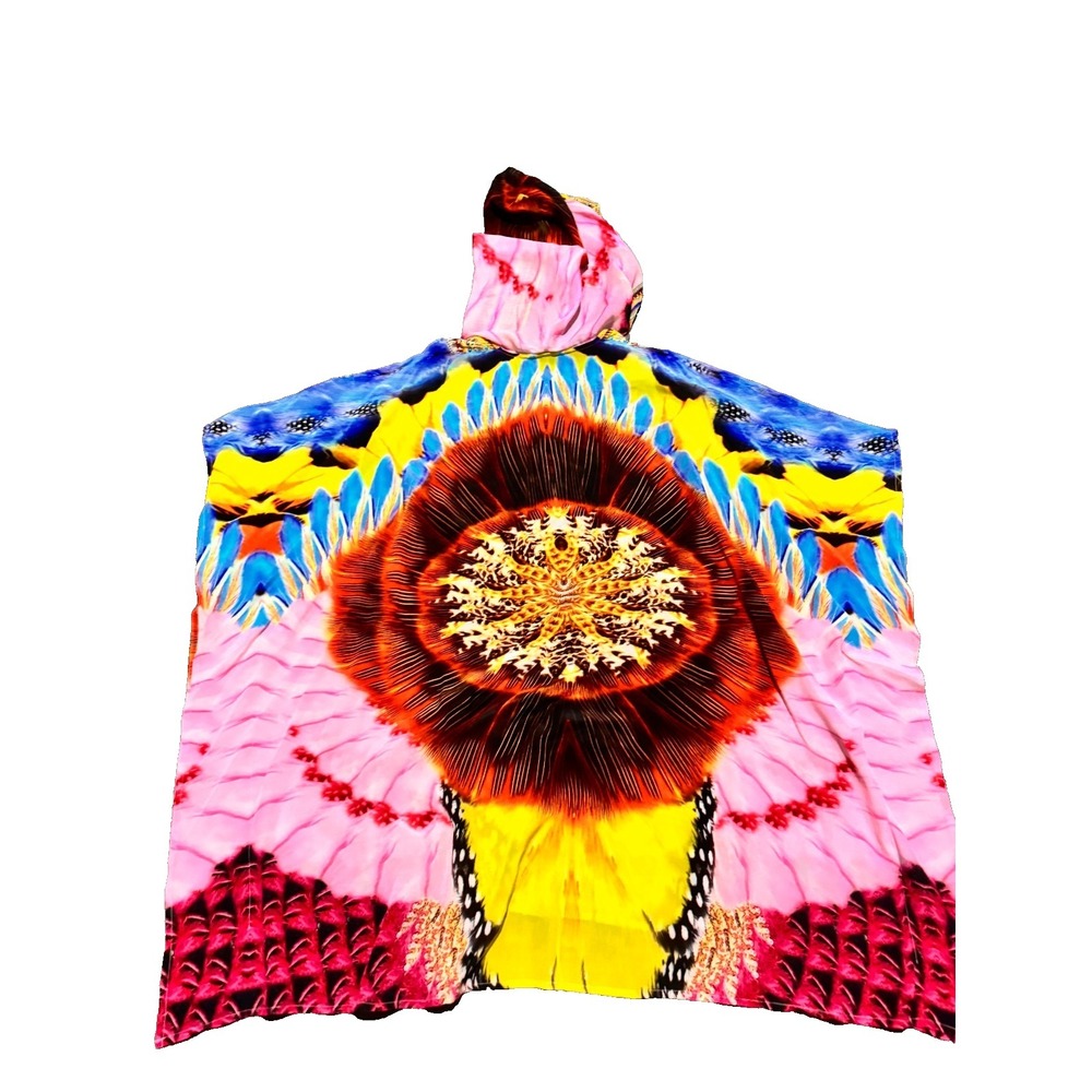 CAMILLA Beaded Hooded Silk Kaftan Tunic Top Silk Boho Luxe Vibrant Color $850 - Picture 7 of 8